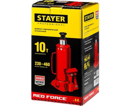 STAYER RED FORCE 10т 230-460мм домкрат бутылочный гидравлический