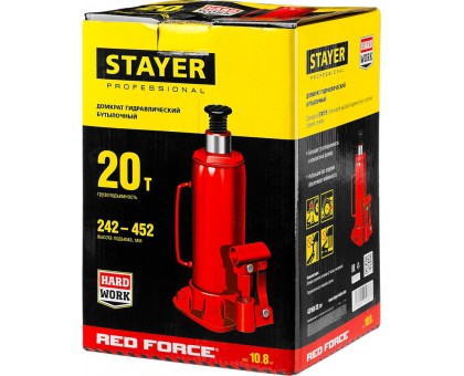 STAYER RED FORCE 20т 242-452мм домкрат бутылочный гидравлический