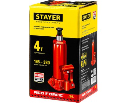 STAYER RED FORCE 4т 194-372мм домкрат бутылочный гидравлический