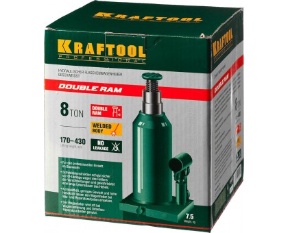 KRAFTOOL DOUBLE RAM 8т 170-430мм домкрат двухштоковый бутылочный с увеличенным подъемом, KRAFT BODY